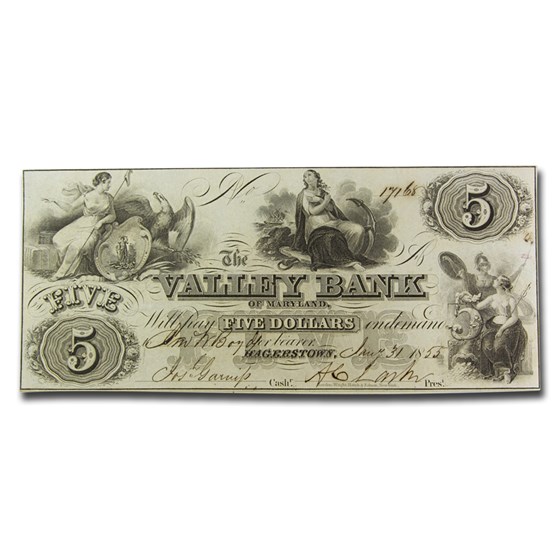 1855 The Valley Bank of Hagerstown, MD $5.00 CU 1855 The Valley Bank of Hagerstown, MD $5.00 CU