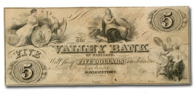 1855 The Valley Bank of Hagerstown, MD $5.00 MD-245 VF 1855 The Valley Bank of Hagerstown, MD $5.00 MD-245 VF