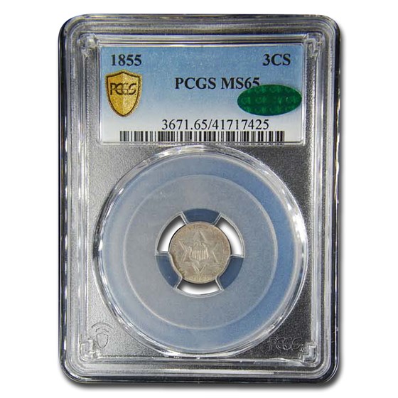 1855 Three Cent Silver MS-65 PCGS CAC 1855 Three Cent Silver MS-65 PCGS CAC