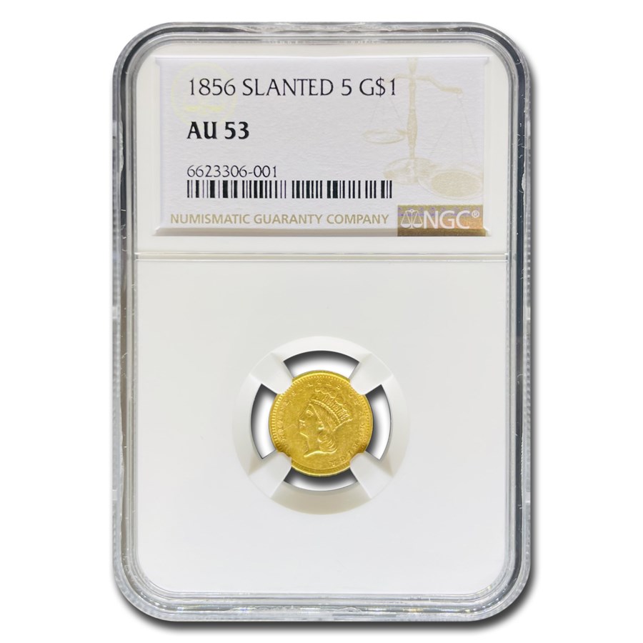 1856 $1 Indian Head Gold AU-53 NGC (Slanted 5)