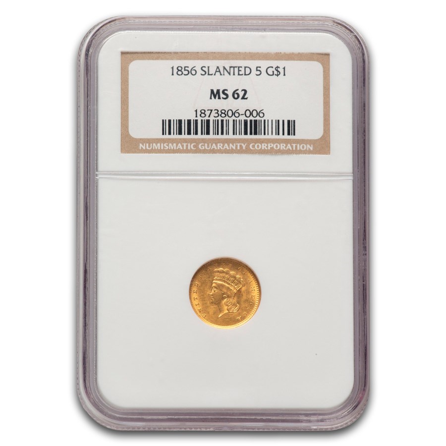 1856 $1 Indian Head Gold Slanted 5 MS-62 NGC