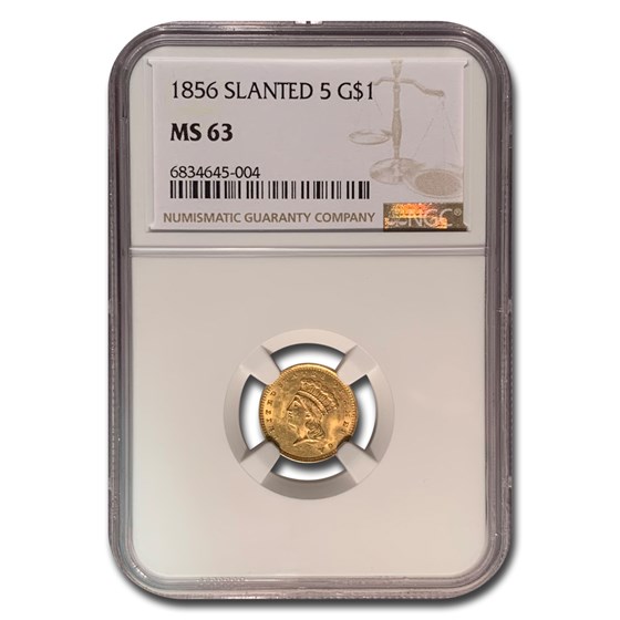 1856 $1 Indian Head Gold Type-3 MS-63 NGC (Slanted 5) 1856 $1 Indian Head Gold Type-3 MS-63 NGC (Slanted 5)