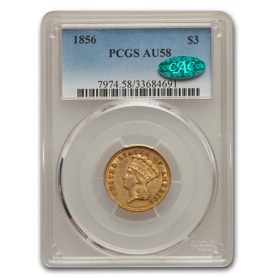 1856 $3 Gold Princess AU-58 PCGS CAC 1856 $3 Gold Princess AU-58 PCGS CAC
