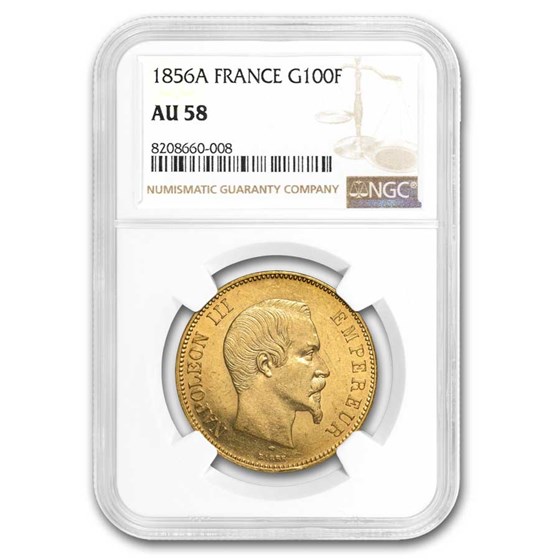1856-A France Gold 100 Francs Napoleon III AU-58 NGC 1856-A France Gold 100 Francs Napoleon III AU-58 NGC