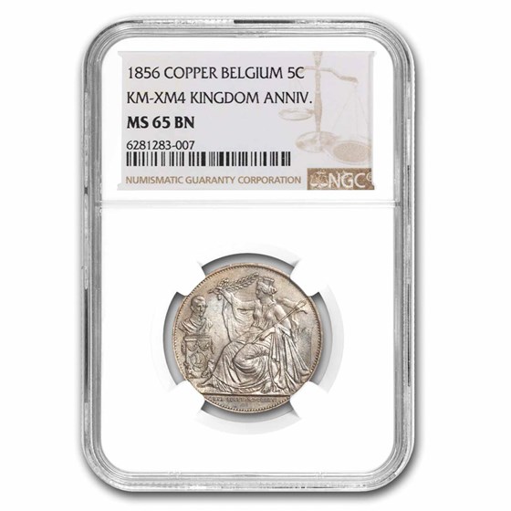 1856 Belgium Copper 5 Centimes 25th Kingdom Ann. MS-65 NGC 1856 Belgium Copper 5 Centimes 25th Kingdom Ann. MS-65 NGC