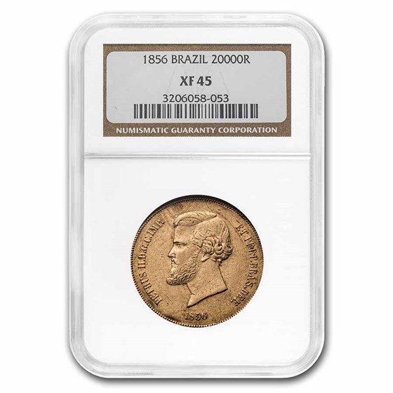 1856 Brazil Gold 20,000 Reis Pedro II XF-45 NGC 1856 Brazil Gold 20,000 Reis Pedro II XF-45 NGC