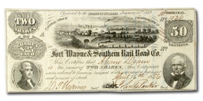 1856 Fort Wayne & Southern Rail Road Co. IN, $50 Ch VF 1856 Fort Wayne & Southern Rail Road Co. IN, $50 Ch VF