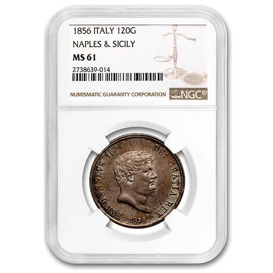 1856 Italian States Naples and Sicily Silver 120 Grana MS-61 NGC 1856 Italian States Naples and Sicily Silver 120 Grana MS-61 NGC