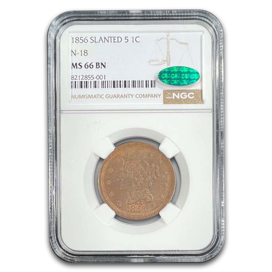 1856 Large Cent MS-66 NGC CAC (Slanted 55, N-18, Brown)