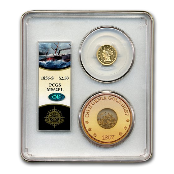 1856-S $2.50 Liberty Gold Quarter Eagle MS-62 PCGS CAC (PL, C Am) 1856-S $2.50 Liberty Gold Quarter Eagle MS-62 PCGS CAC (PL, C Am)