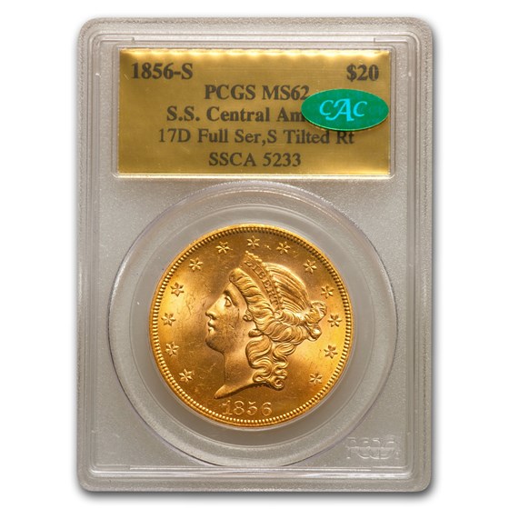 1856-S $20 Lib Gold SS Central America MS-62 PCGS CAC (SSCA 5233) 1856-S $20 Lib Gold SS Central America MS-62 PCGS CAC (SSCA 5233)