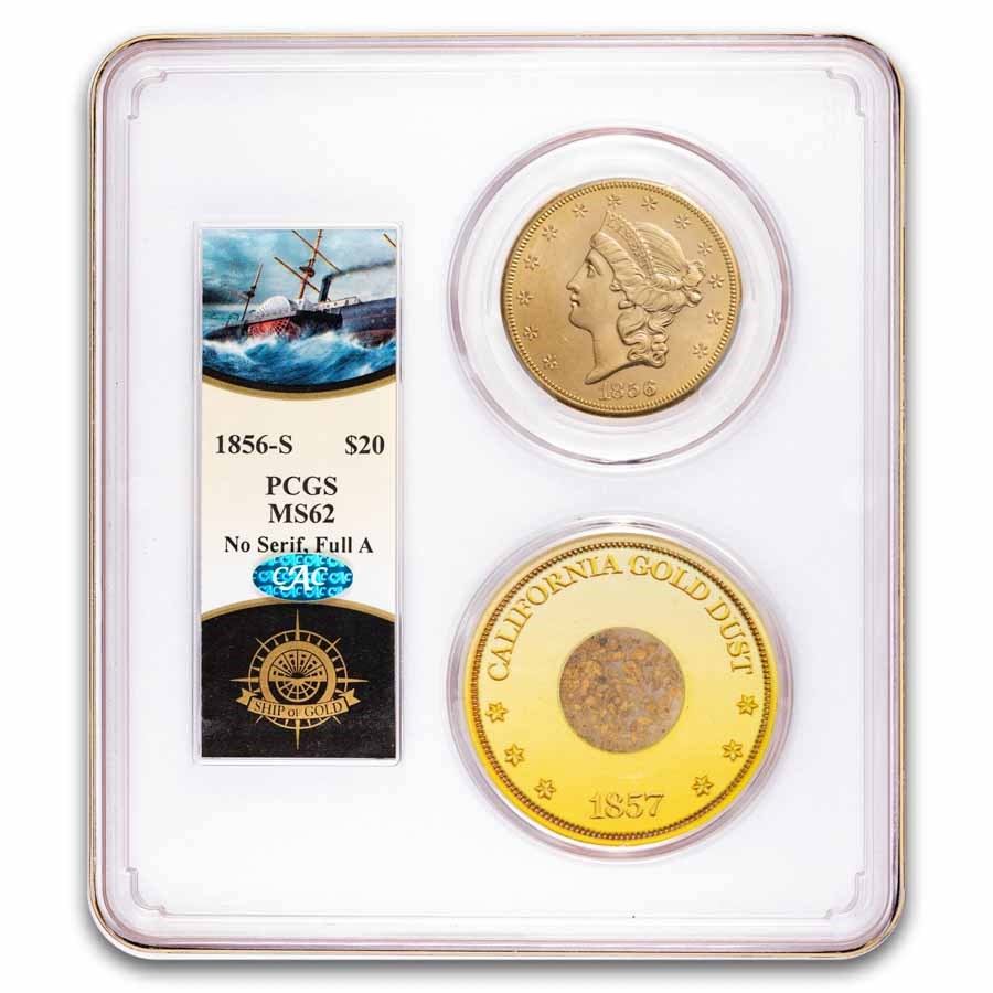 1856-S $20 Lib. Gold SS Central America MS-62 PCGS CAC(No Serif)