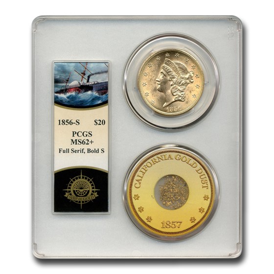 1856-S $20 Liberty Gold Double Eagle MS-62+ PCGS (SS Cen America) 1856-S $20 Liberty Gold Double Eagle MS-62+ PCGS (SS Cen America)