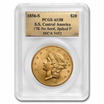 1856-S $20 Liberty Gold SS Central America AU-58 PCGS (No Serif)