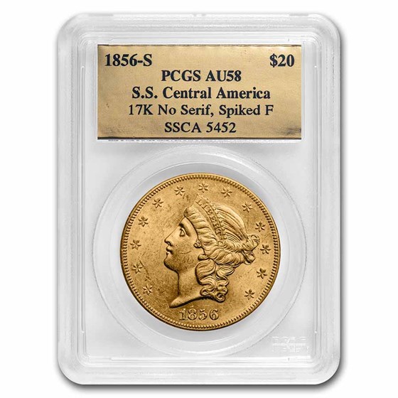 1856-S $20 Liberty Gold SS Central America AU-58 PCGS (No Serif) 1856-S $20 Liberty Gold SS Central America AU-58 PCGS (No Serif)