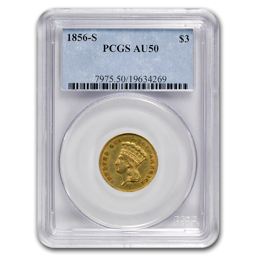 1856-S $3 Gold Indian Princess AU-50 PCGS