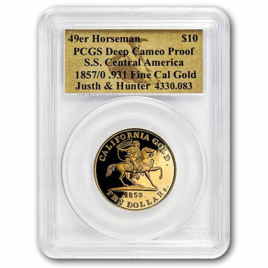 1857/0 $10 49er Horseman .931 Fine Cal Gold PCGS (Box & COA)
