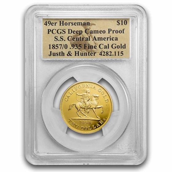1857/0 $10 49er Horseman .935 Fine Cal Gold PCGS