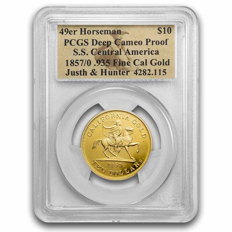 1857/0 $10 49er Horseman .935 Fine Cal Gold PCGS