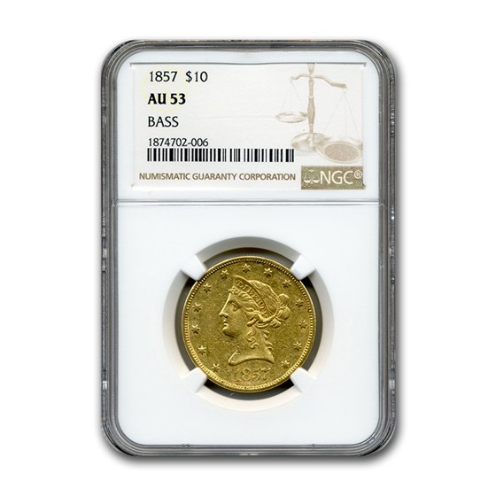 1857 $10 Liberty Gold Eagle AU-53 NGC (Bass) 1857 $10 Liberty Gold Eagle AU-53 NGC (Bass)