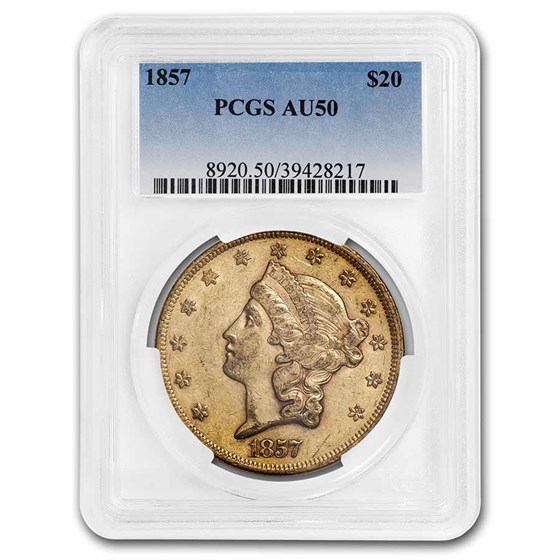 1857 $20 Liberty Gold Double Eagle AU-50 PCGS