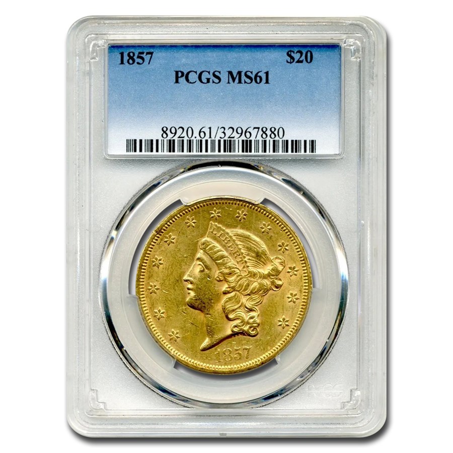 1857 $20 Liberty Gold Double Eagle MS-61 PCGS