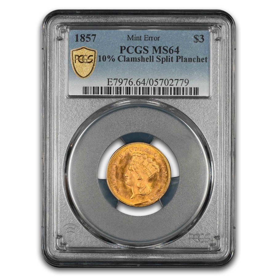 1857 $3 Gold Princess MS-64 PCGS (10% Clamshell Split Planchet)