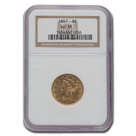 1857 $5 Liberty Gold Half Eagle AU-55 NGC 1857 $5 Liberty Gold Half Eagle AU-55 NGC