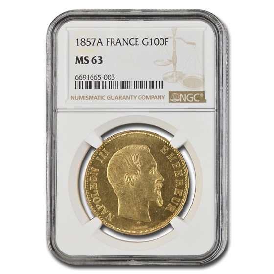 1857-A France Gold 100 Francs Napoleon III MS-63 NGC 1857-A France Gold 100 Francs Napoleon III MS-63 NGC