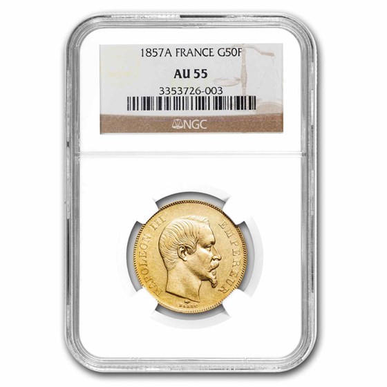 1857-A France Gold 50 Francs Napoleon III AU-55 NGC 1857-A France Gold 50 Francs Napoleon III AU-55 NGC