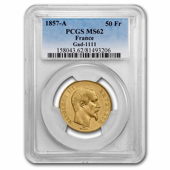 1857-A France Gold 50 Francs Napoleon III MS-62 PCGS