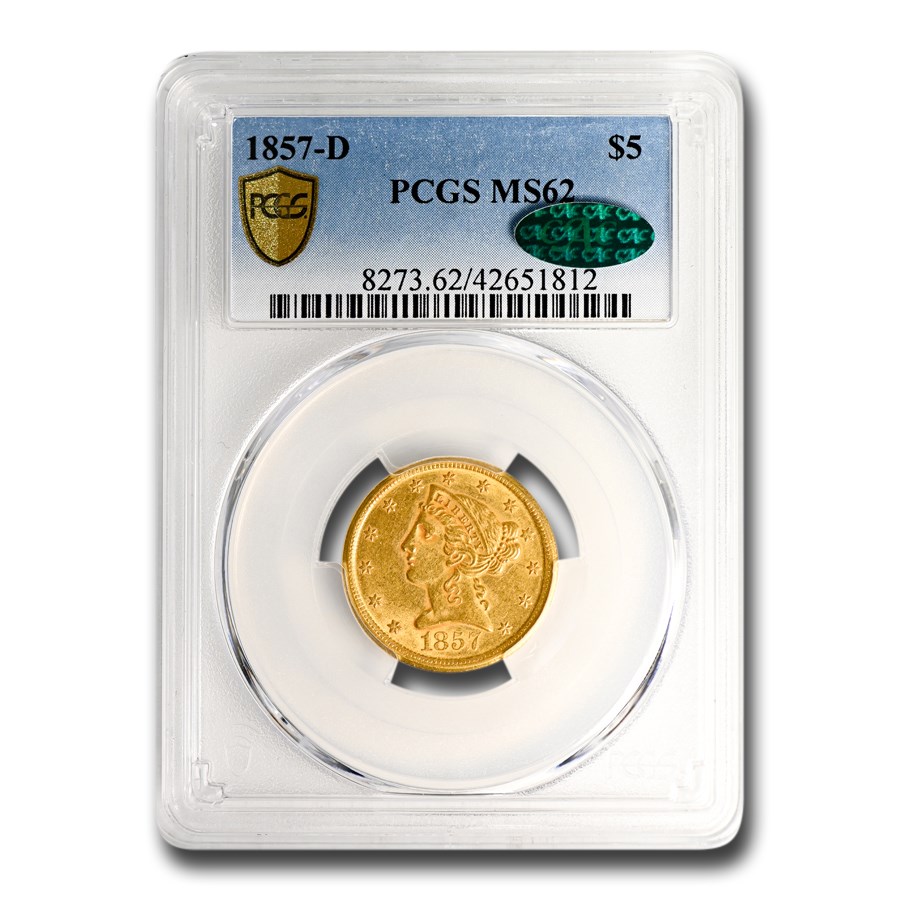 1857-D $5 Liberty Gold Half Eagle MS-62 PCGS CAC