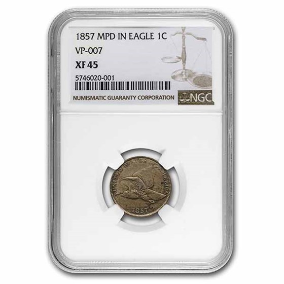 1857 Flying Eagle Cent MPD in Eagle XF-45 NGC (VP-007) 1857 Flying Eagle Cent MPD in Eagle XF-45 NGC (VP-007)