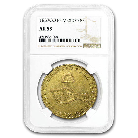 1857 Go PF Mexico First Republic Gold 8 Escudos AU-53 NGC 1857 Go PF Mexico First Republic Gold 8 Escudos AU-53 NGC