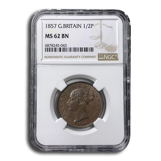 1857 Great Britain 1/2 Penny Victoria MS-62 NGC (Brown) 1857 Great Britain 1/2 Penny Victoria MS-62 NGC (Brown)