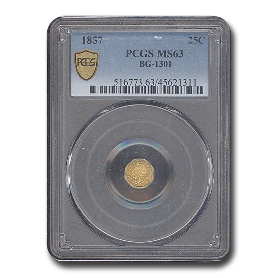 1857 Liberty Octagonal 25c Gold MS-63 PCGS (BG-1301)