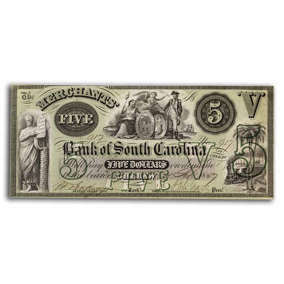 1857 Merchants Bank of South Carolina @ Cheraw, SC $5.00 VF 1857 Merchants Bank of South Carolina @ Cheraw, SC $5.00 VF