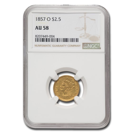 1857-O $2.50 Liberty Gold Quarter Eagle AU-58 NGC 1857-O $2.50 Liberty Gold Quarter Eagle AU-58 NGC