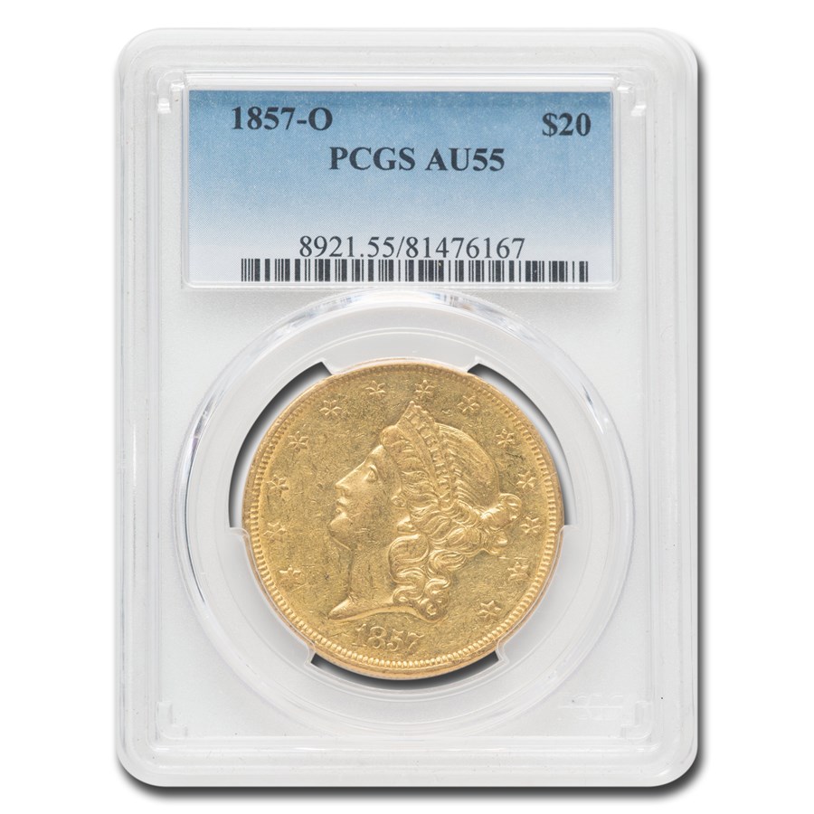 1857-O $20 Liberty Gold Double Eagle AU-55 PCGS