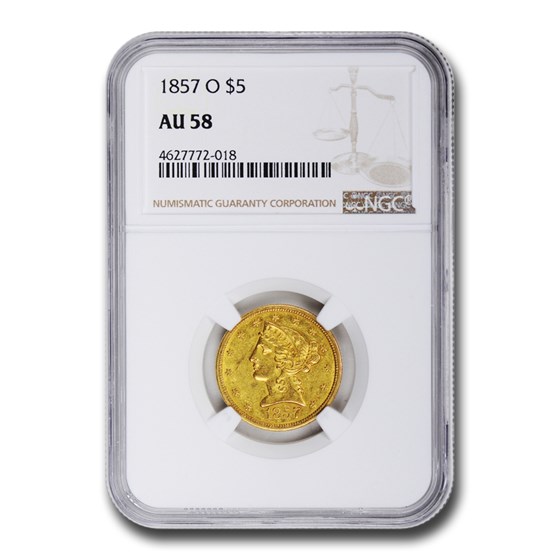 1857-O $5 Liberty Gold Half Eagle AU-58 NGC 1857-O $5 Liberty Gold Half Eagle AU-58 NGC
