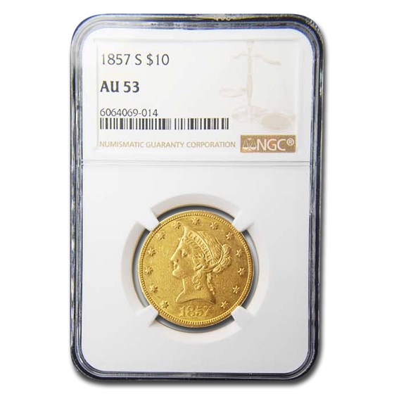 1857-S $10 Liberty Gold Eagle AU-53 NGC 1857-S $10 Liberty Gold Eagle AU-53 NGC