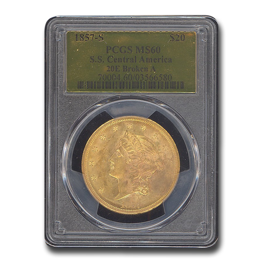 Buy 1857-S $20 Lib. Gold S.S. Cen Am. MS-60 PCGS (20E Broken A) | APMEX