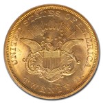 1857-S $20 Lib. Gold S.S. Cen Am. MS-64 PCGS CAC (Spiked Shield)