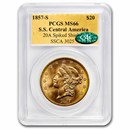 1857-S $20 Lib. Gold S.S. Cen Am. MS-66 PCGS CAC (Spiked Shield)