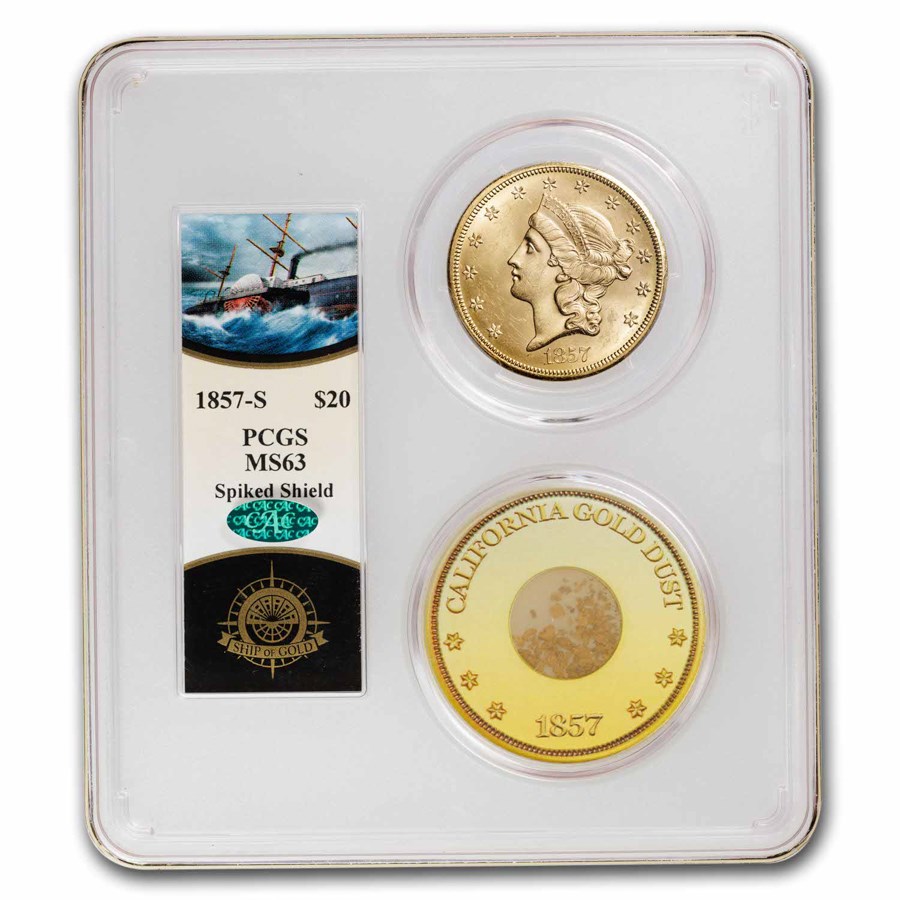1857-S $20 Lib Gold SS Cent. America Spiked Shield MS-63 PCGS CAC