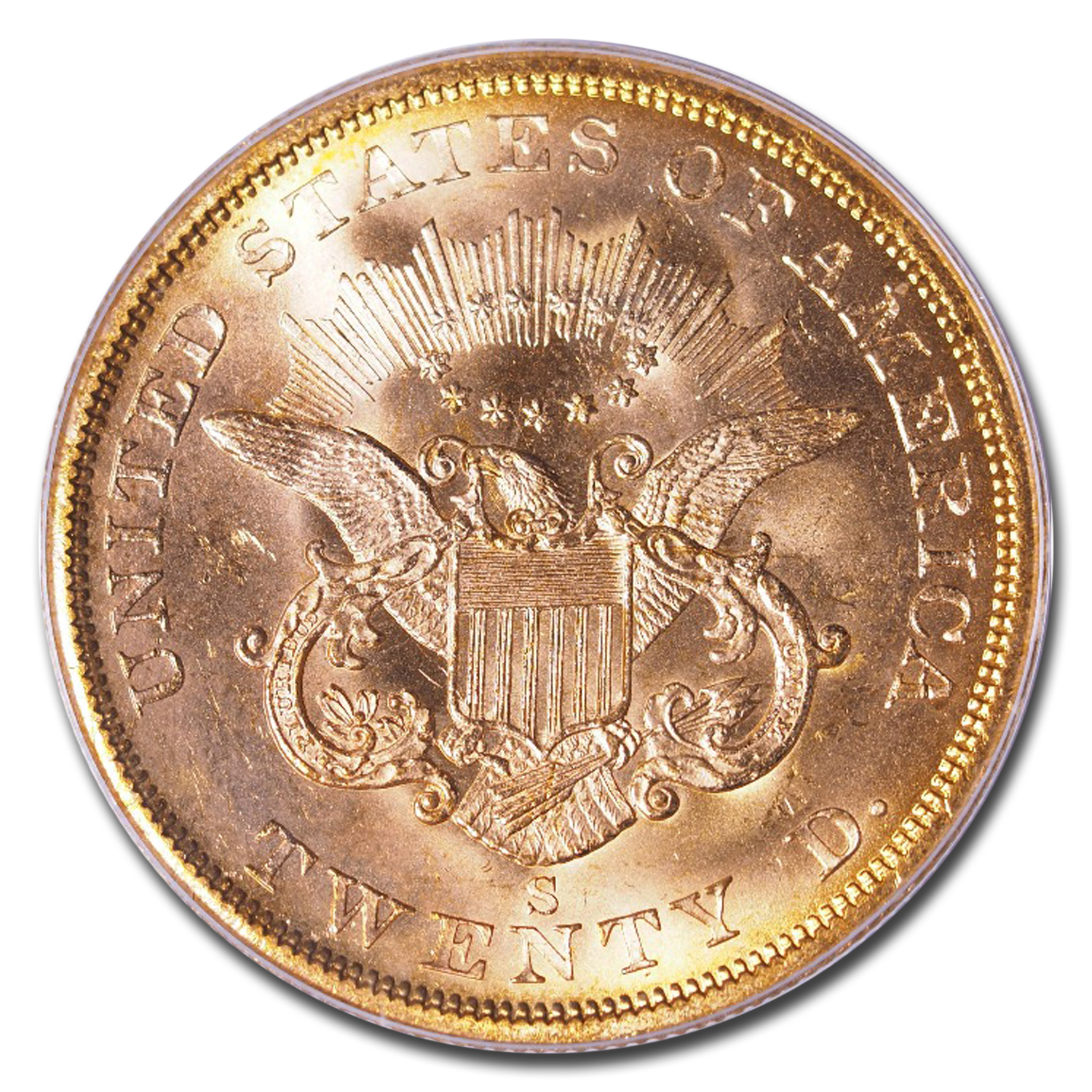 Buy 1857-S $20 Lib Gold SS Central America 20A MS-64 PCGS CAC | APMEX