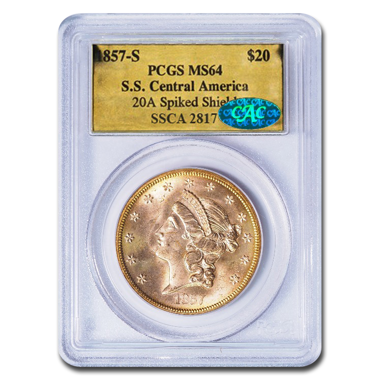 Buy 1857-S $20 Lib Gold SS Central America 20A MS-64 PCGS CAC | APMEX