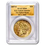 1857-S $20 Lib Gold SS Central America 20A MS-64 PCGS