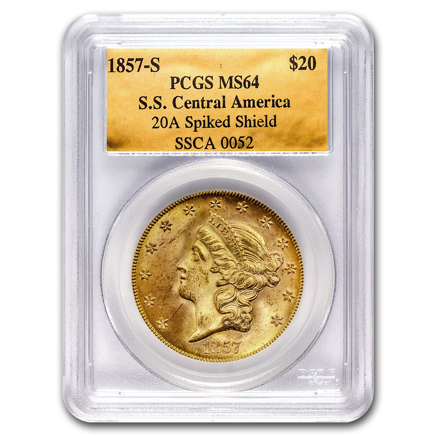 1857-S $20 Lib Gold SS Central America 20A MS-64 PCGS