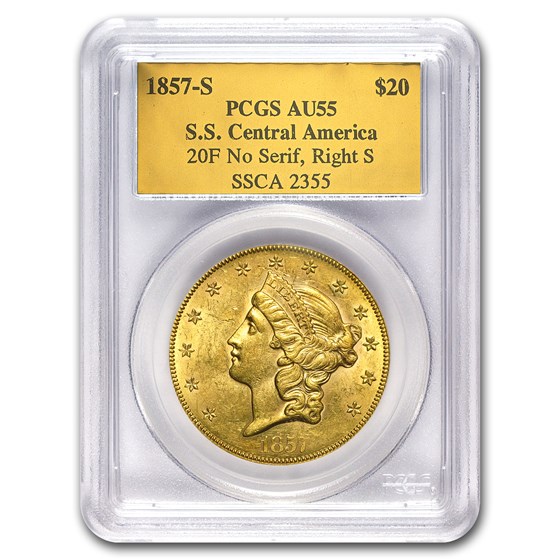 1857-S $20 Lib Gold SS Central America 20F No Serif AU-55 PCGS 1857-S $20 Lib Gold SS Central America 20F No Serif AU-55 PCGS